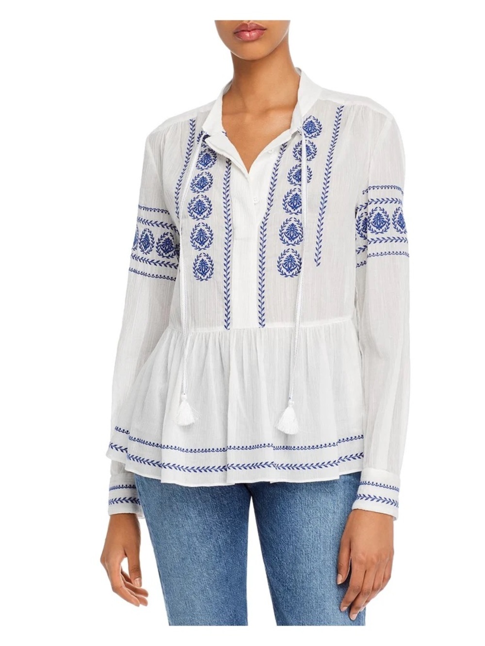 Derek Lam 10 Crosby- Embroidered Pleated Peplum-hem Cuffed Sleeve Tie Neck Top